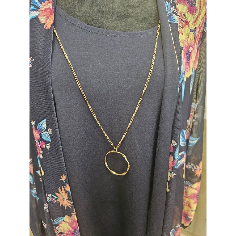Stella & Julie Navy Blue Floral Print Dress, Sheer Cardigan and Necklace Set 14 - Picture 4 of 6